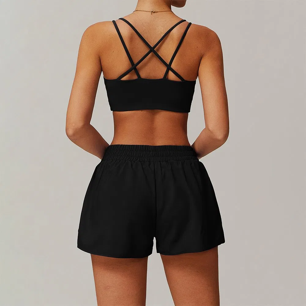 Быстросохнущий спортивный бюстгальтер Cross Push up, подтягивающий бедра, для бега, велоспорта, фитнеса, модные шорты с карманами, 2 предмета, женская одежда для занятий йогой в тренажерном зале