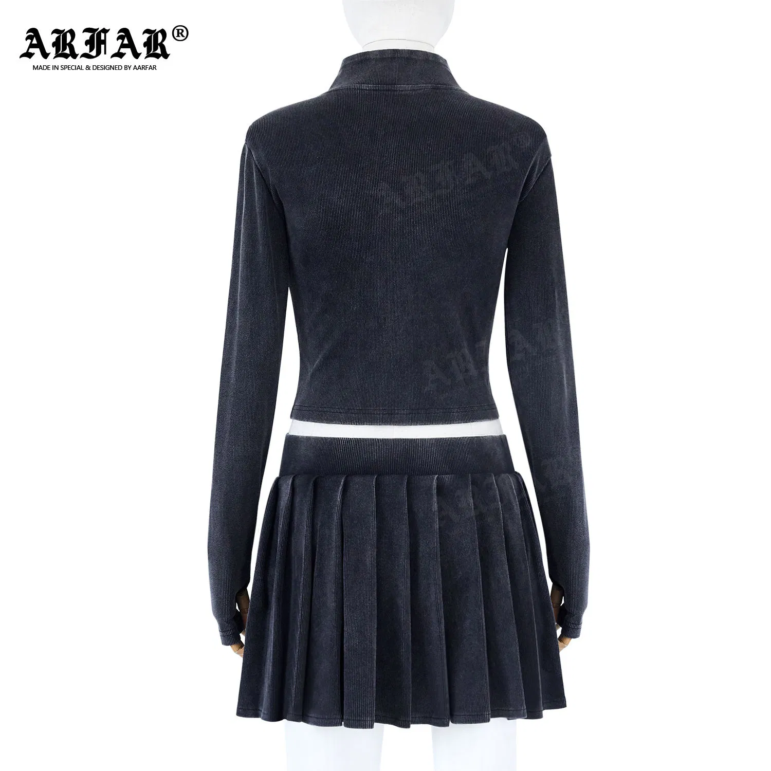 Женский комплект на заказ, плиссированная юбка, трикотаж в рубчик с высоким воротом, короткая куртка на молнии, комплект из двух предметов с вышивкой, высокая талия для женщин