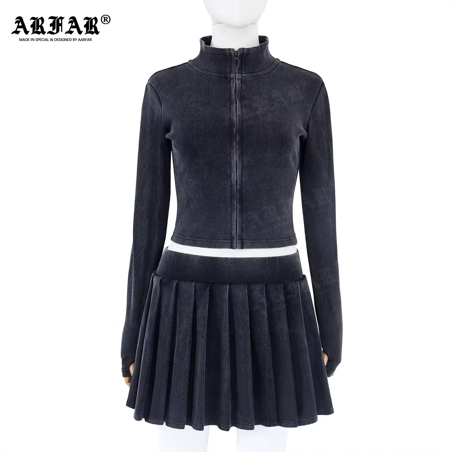 Женская куртка, плиссированная юбка, хлопковый вязаный кардиган с высоким воротом, короткий кардиган на молнии, комплект из двух предметов с вышивкой, высокая талия для женщин