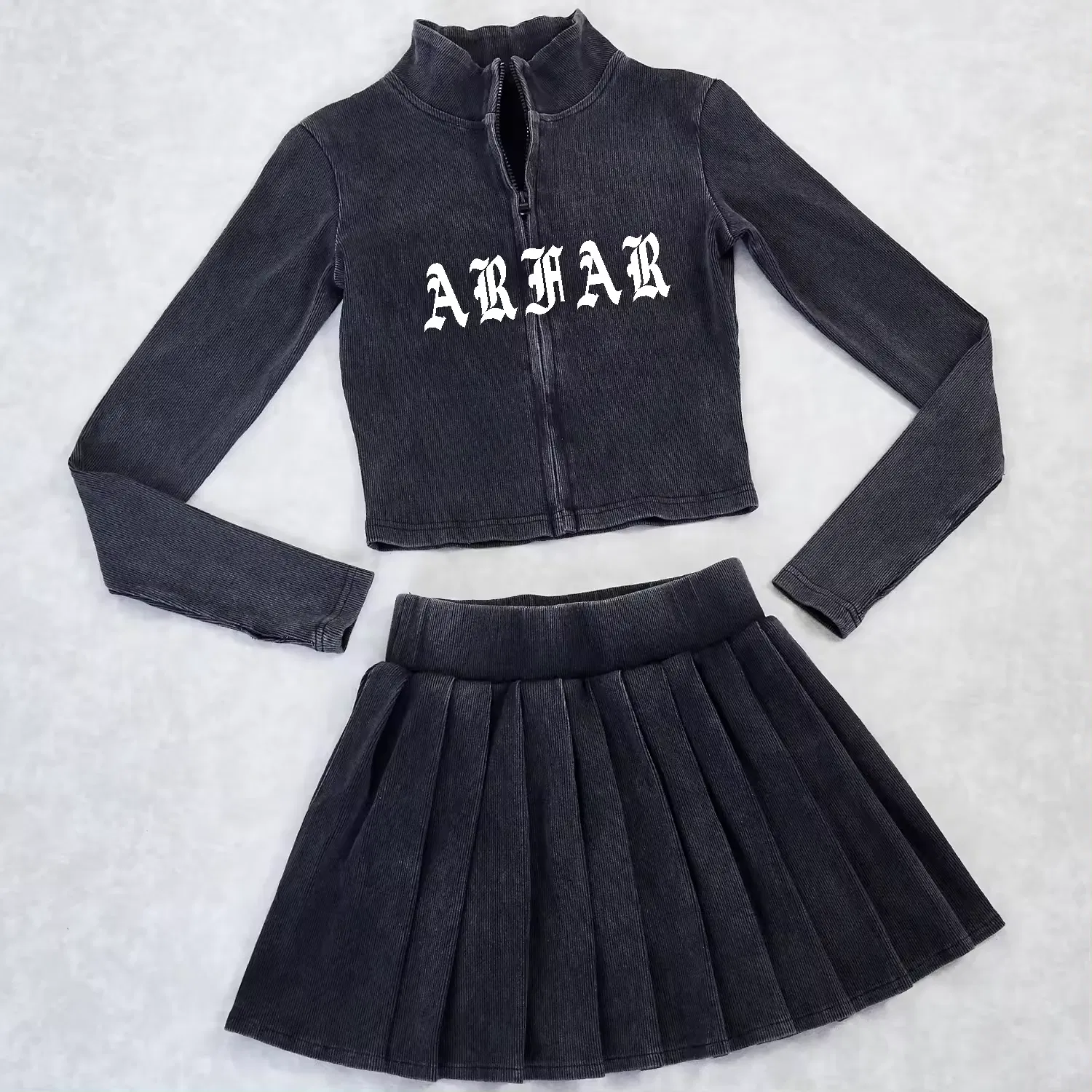 Женская куртка, плиссированная юбка, хлопковый вязаный кардиган с высоким воротом, короткий кардиган на молнии, комплект из двух предметов с вышивкой, высокая талия для женщин