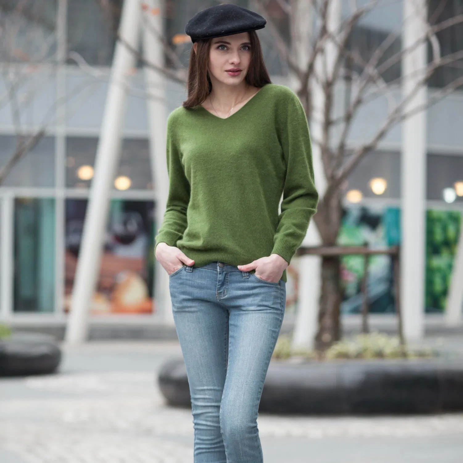 Женский свитер-пуловер с V-образным вырезом из кашемира для женщин (1500002068)