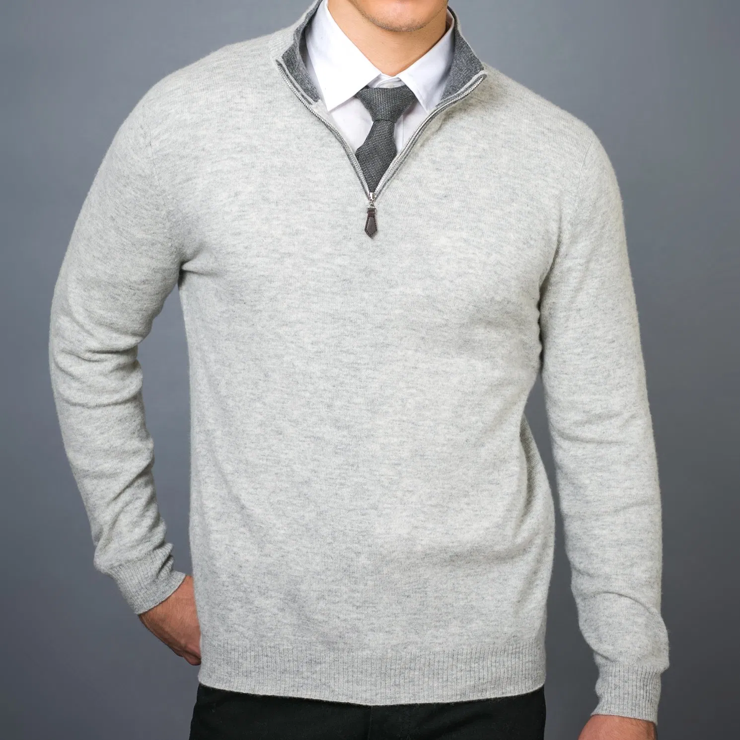 Мужской шерстяной кашемировый свитер-джемпер с застежкой-молнией и кожаным пуловером с высоким воротом