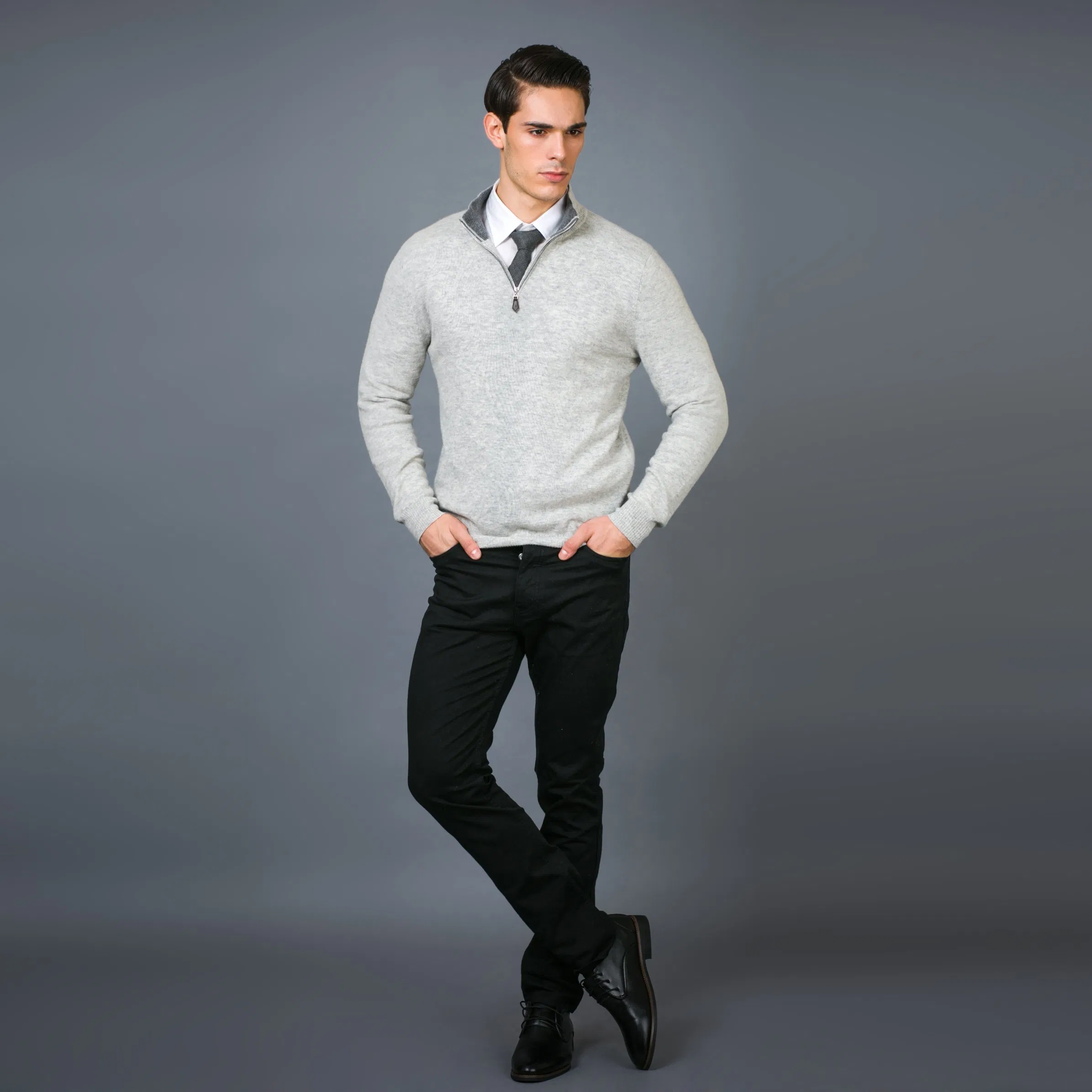 Мужской шерстяной кашемировый свитер-джемпер с застежкой-молнией и кожаным пуловером с высоким воротом