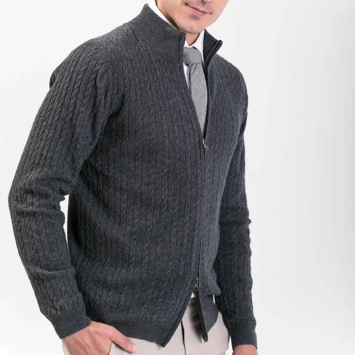 Мужской модный шерстяной кашемировый свитер-кардиган на двойной молнии