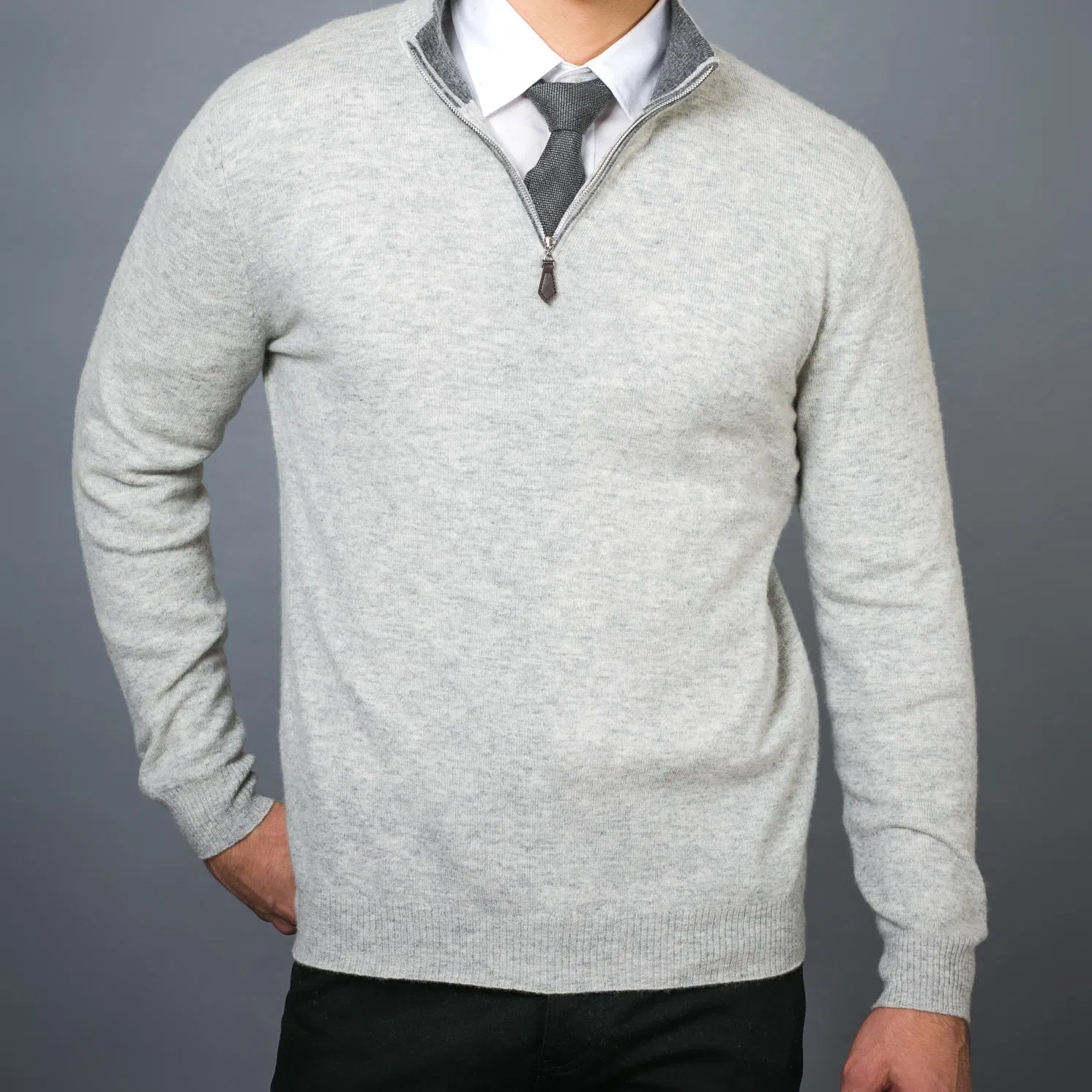 Мужской шерстяной кашемировый свитер-джемпер с застежкой-молнией и кожаным пуловером с высоким воротом