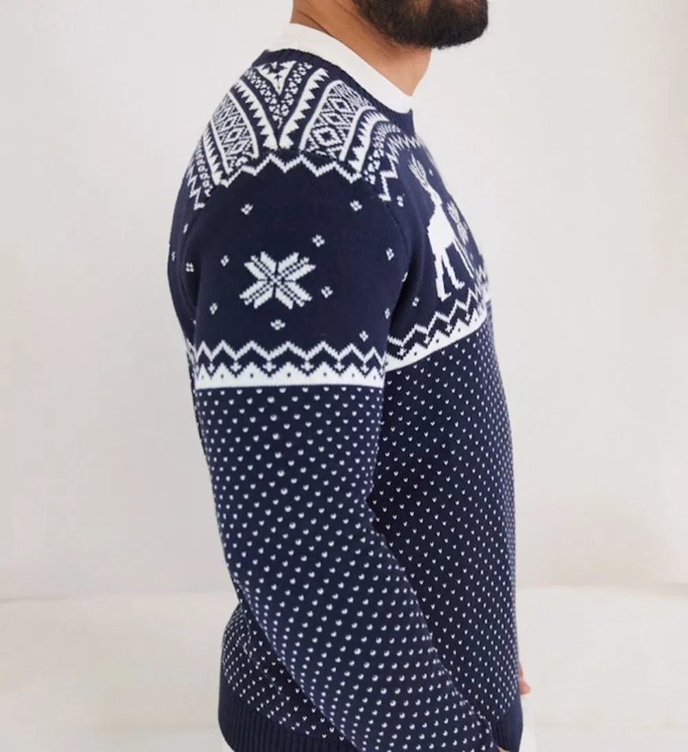 Мужской рождественский свитер из жаккарда Fair Isle темно-синего цвета