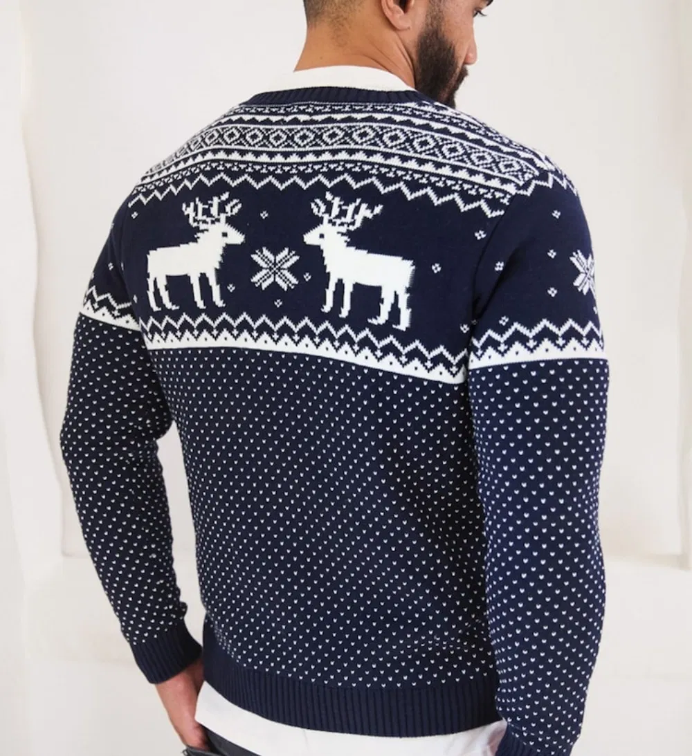Мужской рождественский свитер из жаккарда Fair Isle темно-синего цвета