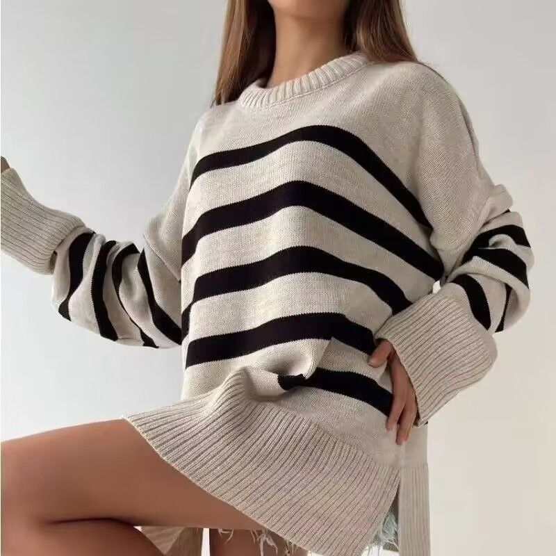 Свитер в полоску оверсайз, женский вязаный топ свободного кроя в винтажном стиле, унисекс в стиле бойфренда
