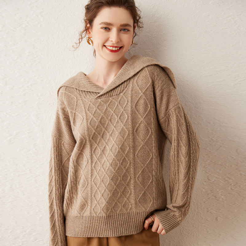 Кашемировый повседневный свитер свободной вязки с темно-синим воротником на осень и зиму для леди