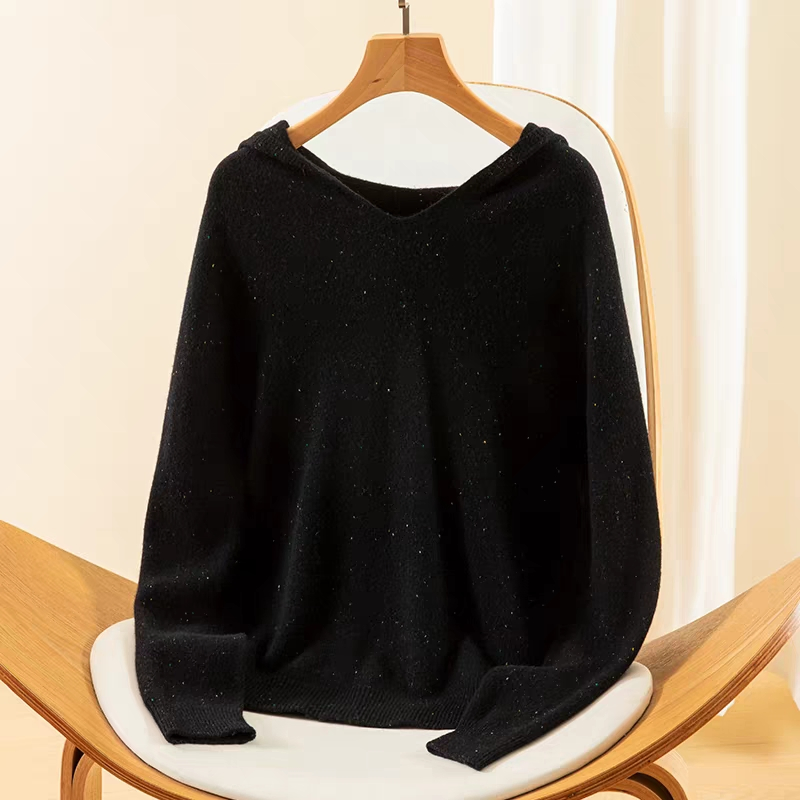 Женский однотонный повседневный бесшовный легкий свитер с капюшоном из 100% шерсти