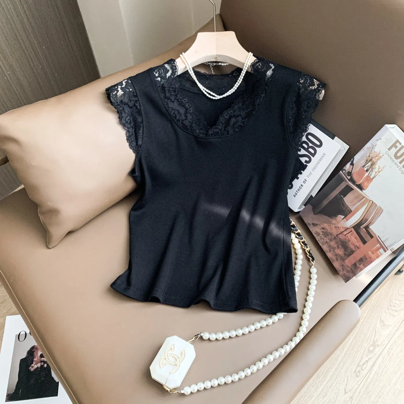 Кружевной трикотажный топ на бретелях без рукавов: женская эластичная приталенная базовая рубашка prime