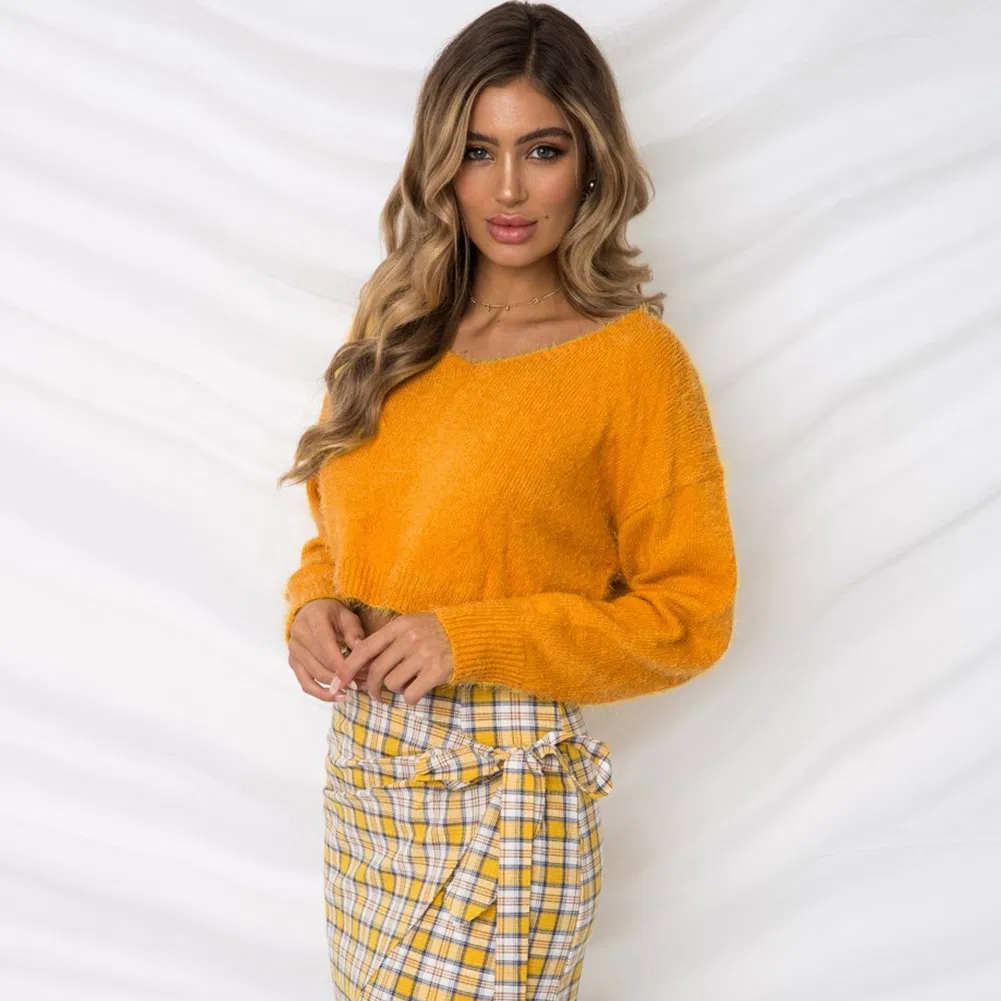 Женский осенне-зимний модный свитер с кроликом, длинные рукава, свободный однотонный пуловер больших размеров, V-образный вырез, открытая спина, вязаный свитер, нижняя рубашка