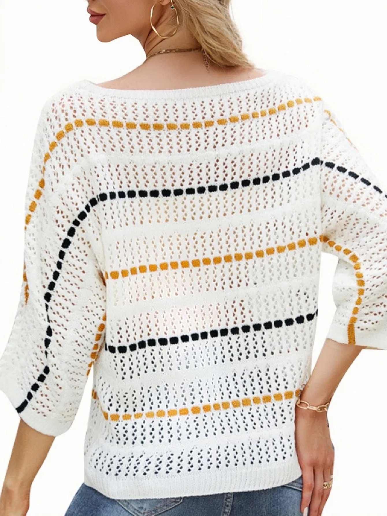 Свободный женский топ от prime, темпераментный свитер с рукавами в семь точек, цельнокроеный вырез, вязаный халат с вырезами, полосатый свитер