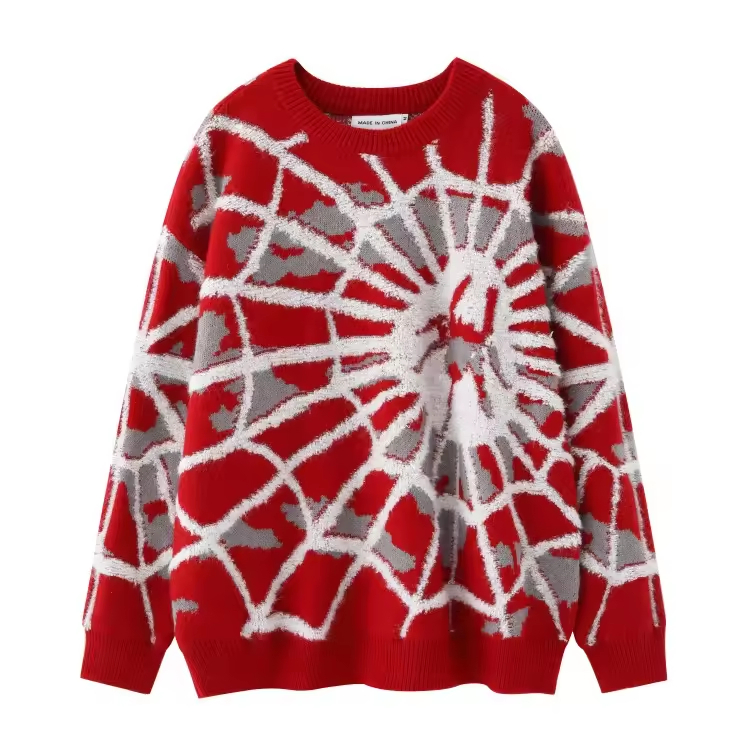 Свободный вязаный свитер в стиле хип-хоп с круглым вырезом и жаккардовым узором "Олень-паук" в уличном стиле