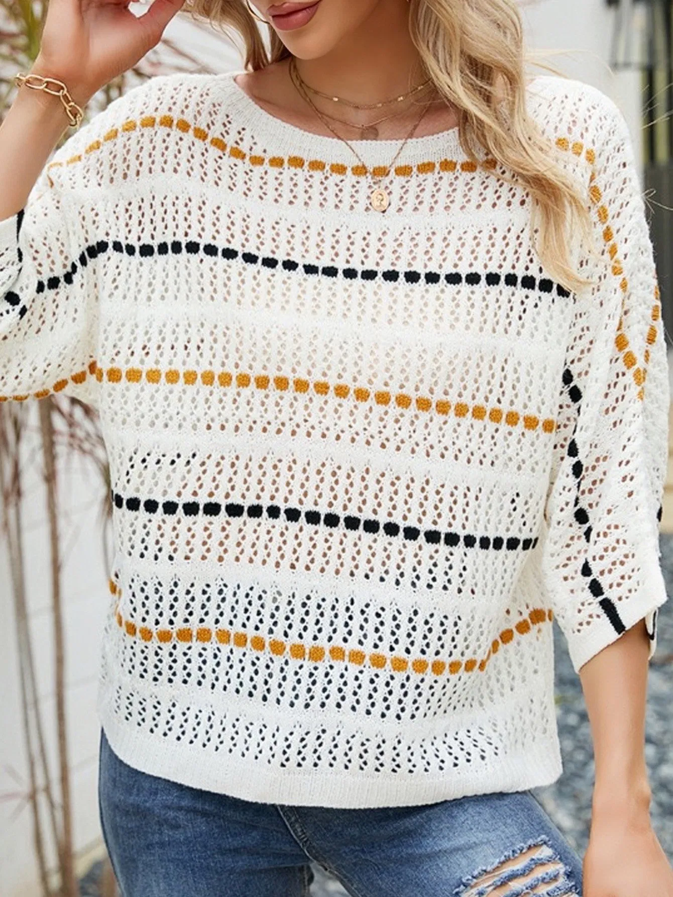 Свободный женский топ от prime, темпераментный свитер с рукавами в семь точек, цельнокроеный вырез, вязаный халат с вырезами, полосатый свитер