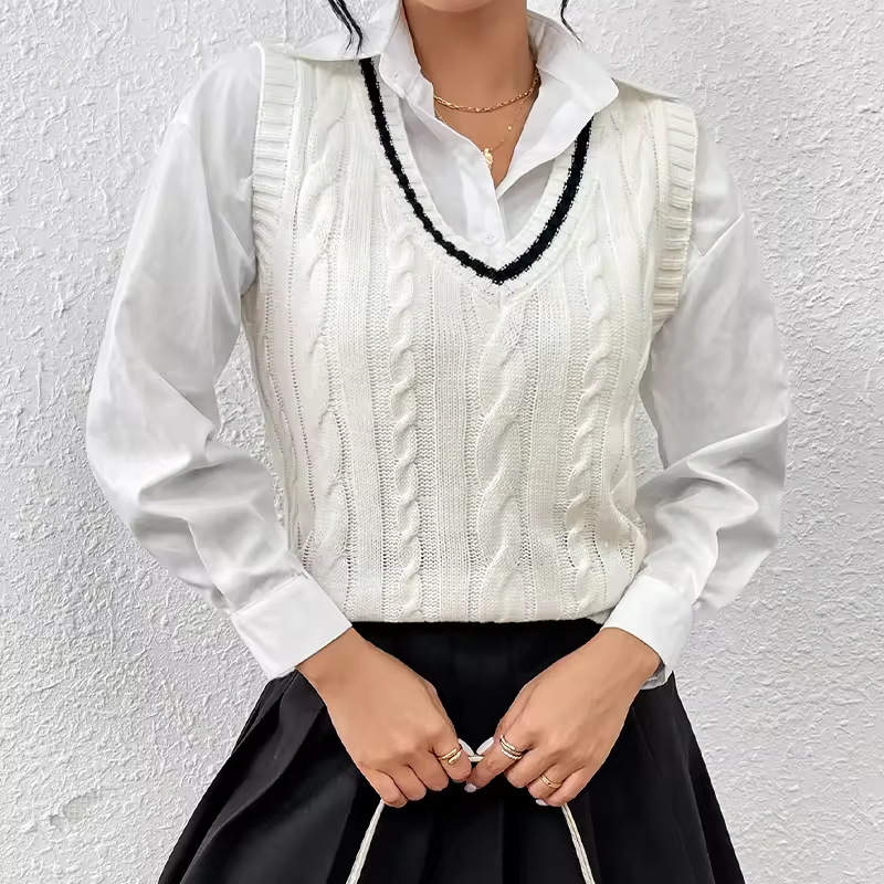 Женский вязаный крючком жилет Топ Свитер с V образным вырезом Жилет Белый вязаный пуловер Свитер
