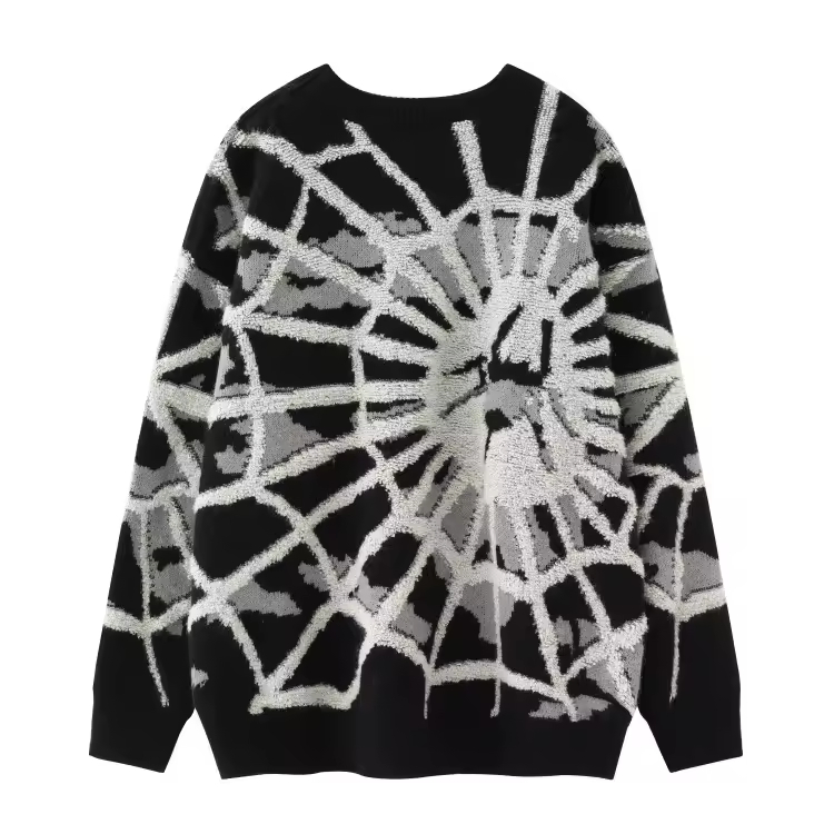 Свободный вязаный свитер в стиле хип-хоп с круглым вырезом и жаккардовым узором "Олень-паук" в уличном стиле