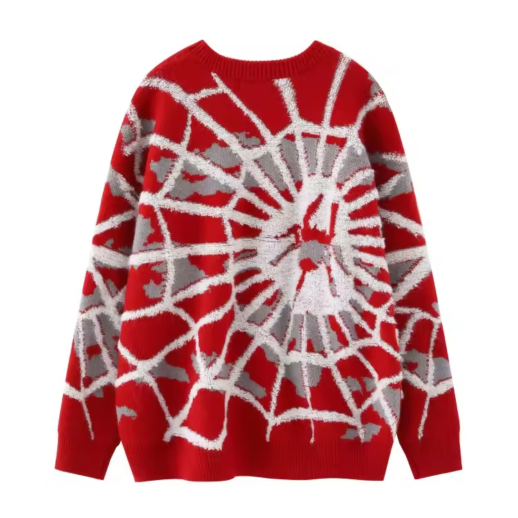 Свободный вязаный свитер в стиле хип-хоп с круглым вырезом и жаккардовым узором "Олень-паук" в уличном стиле