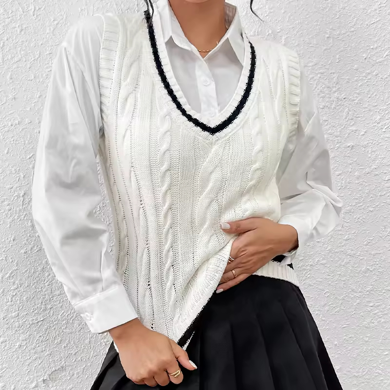 Женский вязаный крючком жилет Топ Свитер с V образным вырезом Жилет Белый вязаный пуловер Свитер