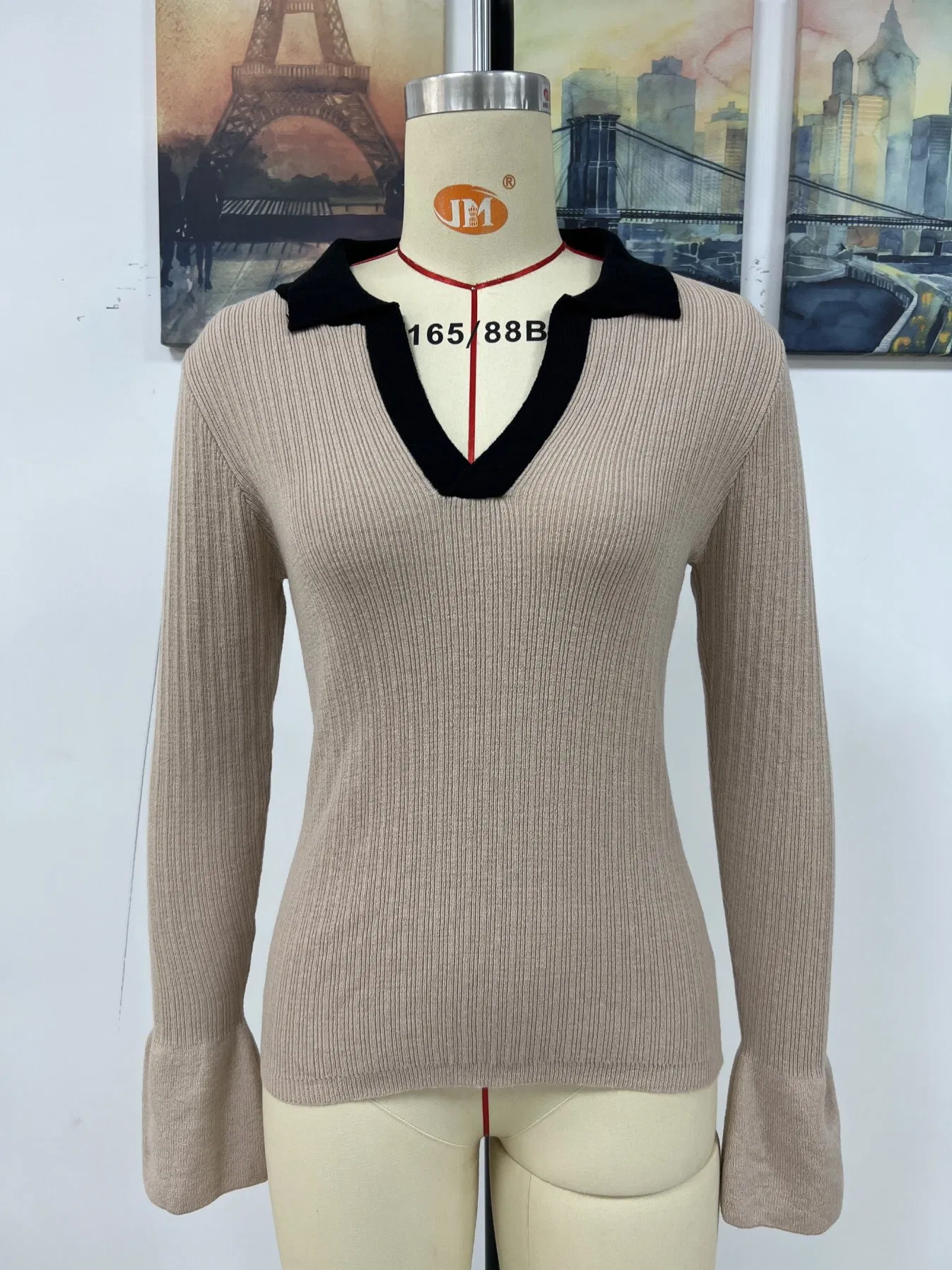 Осень-зима, уличная мода с цветными блоками, трикотажная одежда, поло, V-образный вырез, женский новый пуловер с расклешенными рукавами и лацканами, свитер