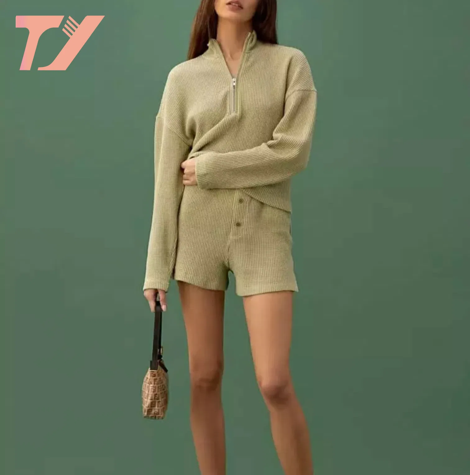 OEM и ODM, модная женская одежда для отдыха, пижамы, пижамный комплект, шорты, хлопковая вафельная трикотажная повседневная одежда, уютная одежда на молнии, 2 предмета выше колена